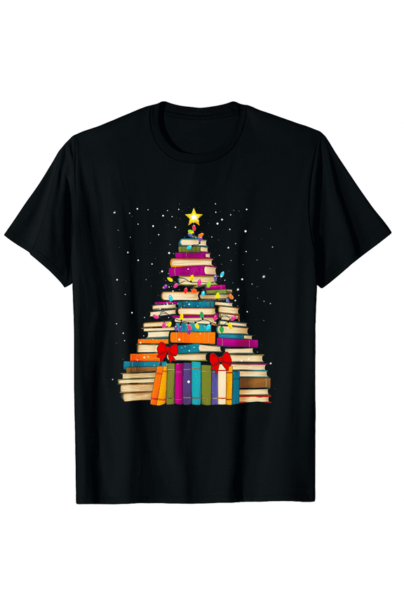 Christmas Shirts Funny Christmas Books Tree T-Shirt Teachers Xmas T Shirt Book Lovers Short Sleeve Holiday Tops for Men and Women