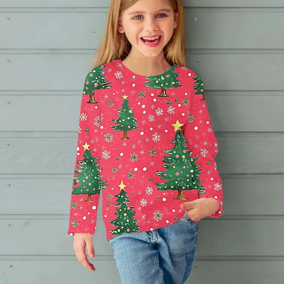 Christmas Shirts for Kids Kid Christmas Shirt Girl Christmas Shirts for Boys Girls Long Sleeve Prints Shirts Christmas Crewnecks Tops Dressy Casual Blouses Clothes