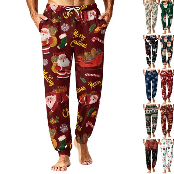 Christmas Men's Festive Printed Sleep Pants Regular Fit Drawstring Elastic Waist Classic Pants Wrinkle Resistant Retro Pajamas for Xmas Party Vacation Wear