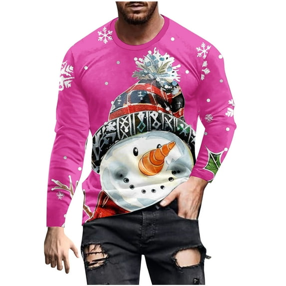 Christmas Shirts for Men Fashion Long Sleeve Christmas Colorful Graphic Print Pullover Sport T-Shirt Top Christmas Festival Crew Neck Blouses Tops S-5XL