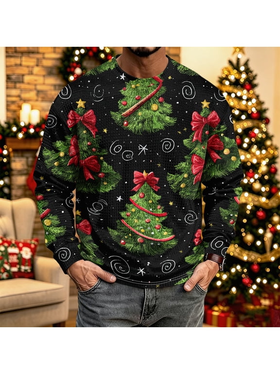 Christmas Shirts Mens Plus Size Holiday Long Sleeve Christmas Printed Tshirts Lightweight Waffle Knit Crew Neck Loose Fit Pullover Tops,Dark Green,3XL