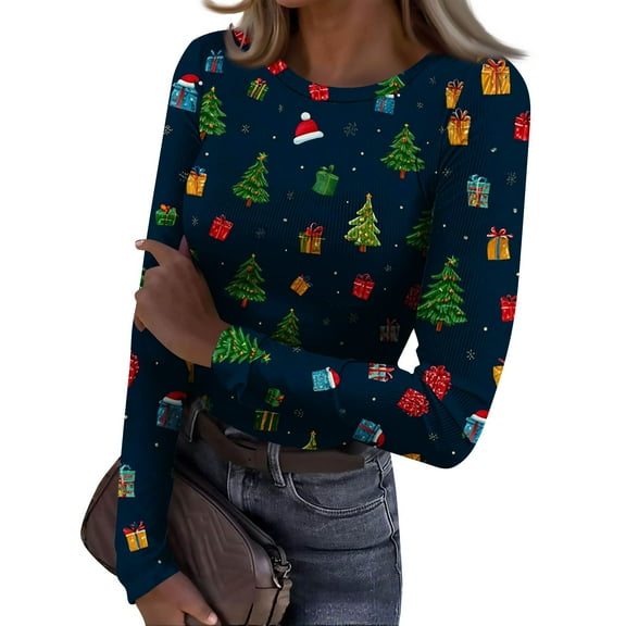 Christmas Shirts Ribbed Knit Tops for Women Long Sleeve Slim Fitted Cute Santa Claus Snowman Tree Print Holiday Tees