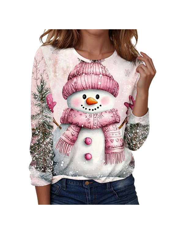 Christmas Shirts for Women 2026 Long Sleeve Xmas Party Holiday Tops Womens Christmas Shirts Funny Xmas Shirts Crew Neck Graphic Tees Dressy Casual Blouse Soft Cozzy Loose Fit Fall Clothes