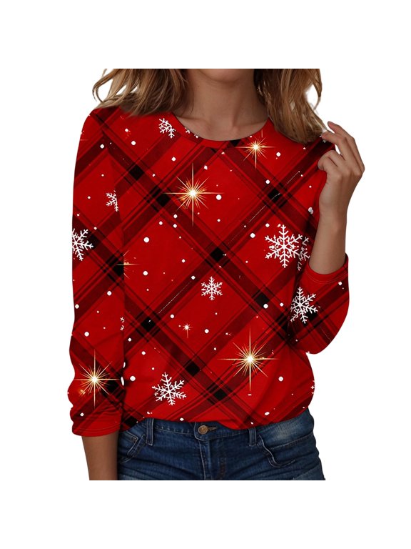 Christmas Shirts for Women 2026 Long Sleeve Xmas Party Holiday Tops Womens Christmas Shirts Funny Xmas Shirts Crew Neck Graphic Tees Dressy Casual Blouse Soft Cozzy Loose Fit Fall Clothes