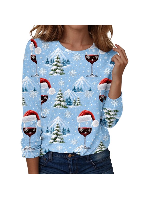 Christmas Shirts for Women 2026 Long Sleeve Xmas Party Holiday Tops Womens Christmas Shirts Funny Xmas Shirts Crew Neck Graphic Tees Dressy Casual Blouse Soft Cozzy Loose Fit Fall Clothes
