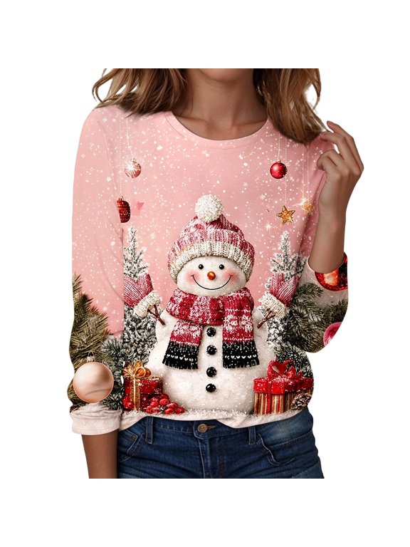 Christmas Shirts for Women 2026 Long Sleeve Xmas Party Holiday Tops Womens Christmas Shirts Funny Xmas Shirts Crew Neck Graphic Tees Dressy Casual Blouse Soft Cozzy Loose Fit Fall Clothes