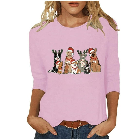 Christmas Shirts for Women 3/4 Sleeve Blouses Christmas Animals Printed Crew Neck Tops Funny Xmas Graphic Tunic Tops Holiday Family Party Matching Pullover