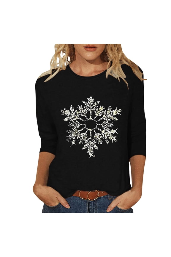 Christmas Shirts for Women 3/4 Sleeve Blouses Christmas Snowflakes Printed Crew Neck Tops Funny Xmas Graphic Tunic Tops Holiday Family Party Matching Pullover