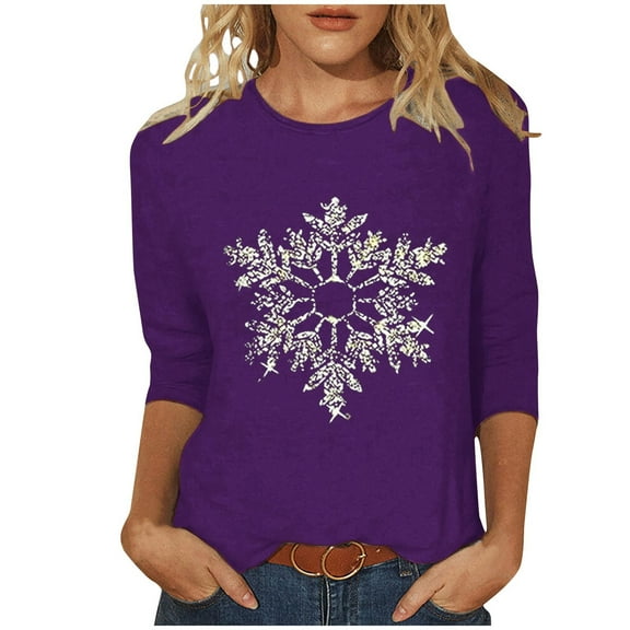 Christmas Shirts for Women 3/4 Sleeve Blouses Christmas Snowflakes Printed Crew Neck Tops Funny Xmas Graphic Tunic Tops Holiday Family Party Matching Pullover