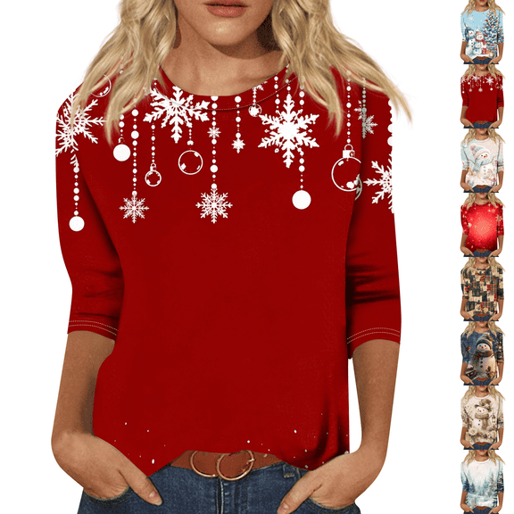 Christmas Shirts for Women 3/4 Sleeve Crewneck Holiday Tops Christmas Tree Snowflakes Snowman Santa Hat Highland Cow Print Blouses Novelty Funny Cute Xmas Graphic Tees Shirt