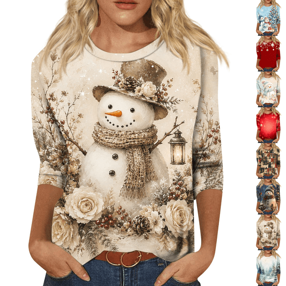 Christmas Shirts for Women 3/4 Sleeve Crewneck Holiday Tops Christmas Tree Snowflakes Snowman Santa Hat Highland Cow Print Blouses Novelty Funny Cute Xmas Graphic Tees Shirt