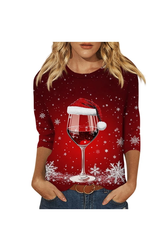 Christmas Shirts for Women Casual Crew Neck 3/4 Length Sleeve Tunic Top Glitter Xmas Tree Printed Holiday Pullover Merry Christmas Graphic Tee Three Quarter Sleeve Fall Clothing
