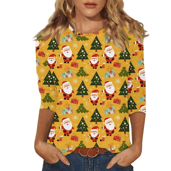 Christmas Shirts for Women Elbow Length Tee Shirts for Women 3/4 Length Sleeve Xmas Tree Snowflake Print Graphic Shirts Dressy Casual Blouse Gift Tops Elbow Sleeve Blouses