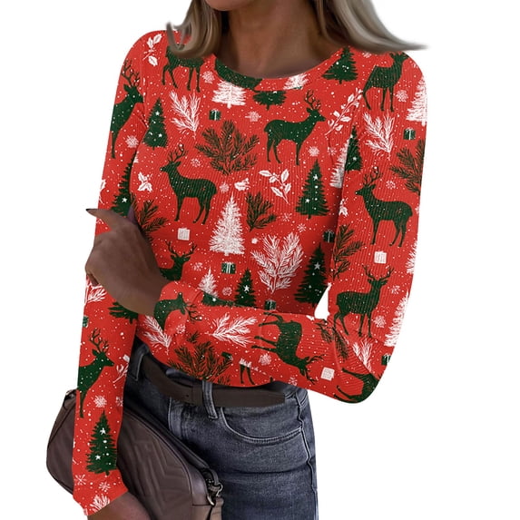 Christmas Shirts for Women Long Sleeve Vintage Ribbed Fitted Slim Funny Xmas Tree Reindeer Print Underwear Tops Spring Fall Trendy Party Crew Neck Thermal Undershirts