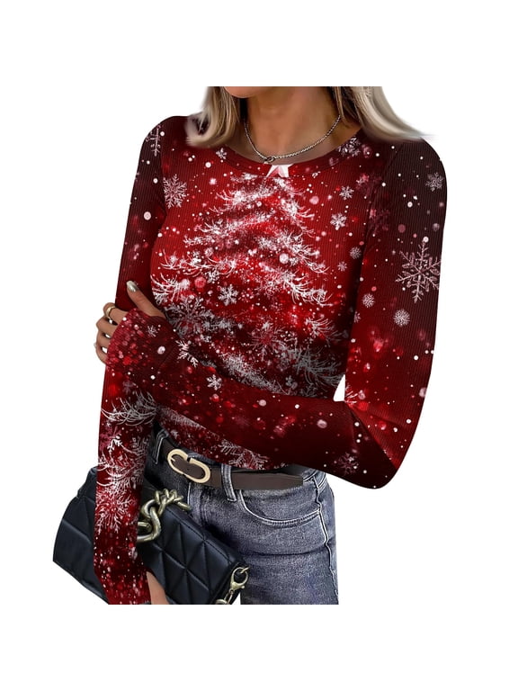 Christmas Shirts for Women Long Sleeve Vintage Ribbed Fitted Slim Funny Xmas Tree Snowflake Print Underwear Tops Trendy Basic Holiday Casual Round Neck T-Shirts XL