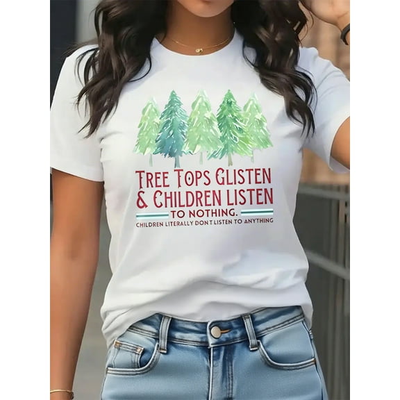 Christmas Shirts Women Merry Christmas Tree Printed T-Shirts Short Sleeve Holiday Top
