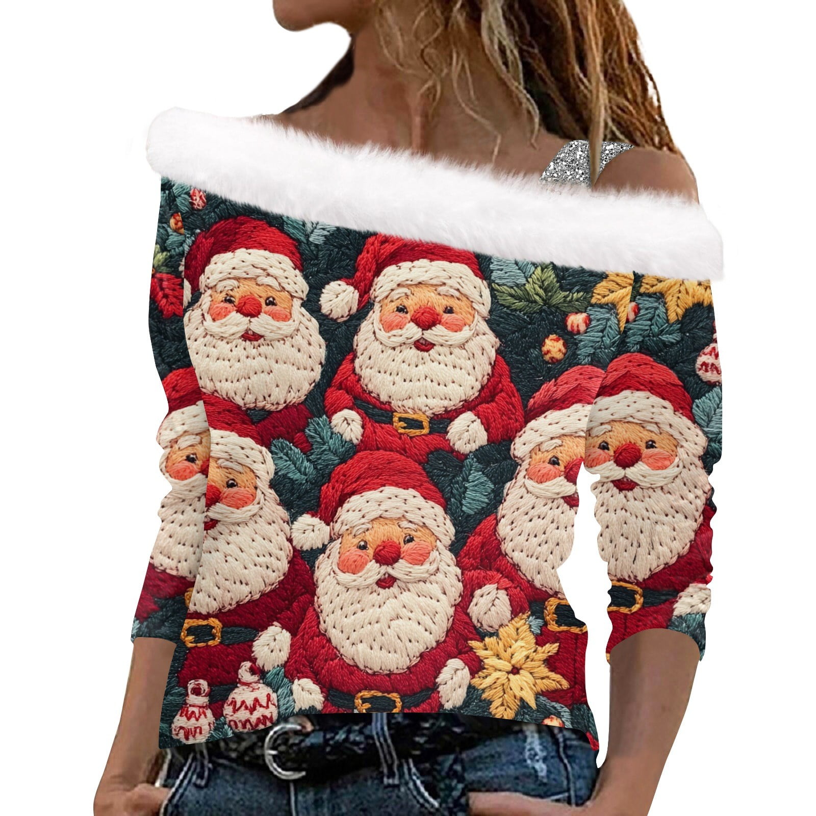 Christmas Shirts for Women Off the Shoulder Blouse Faux Fur Collar