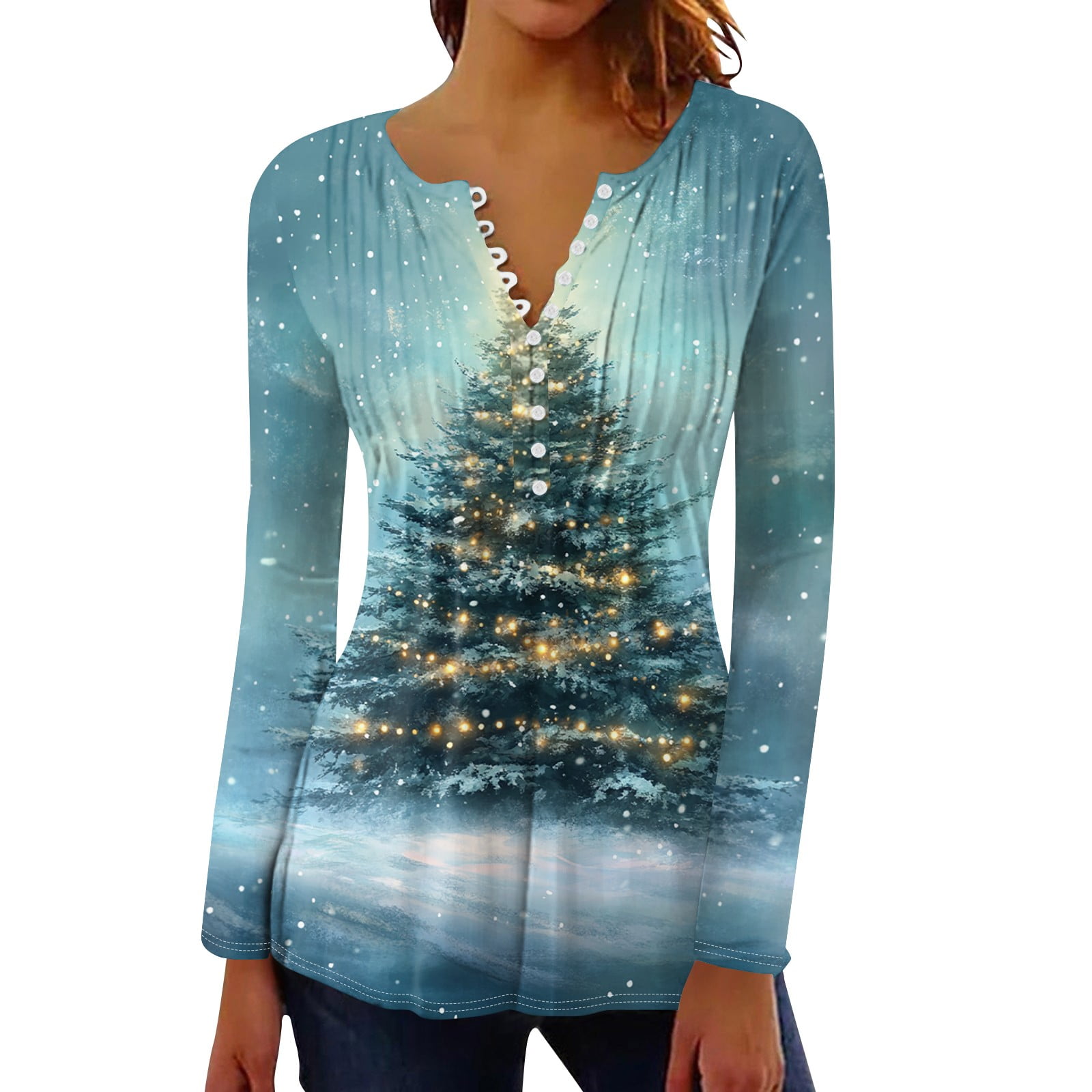 Christmas Shirts for Women Trendy Henley Button Up Blouse Long Sleeve