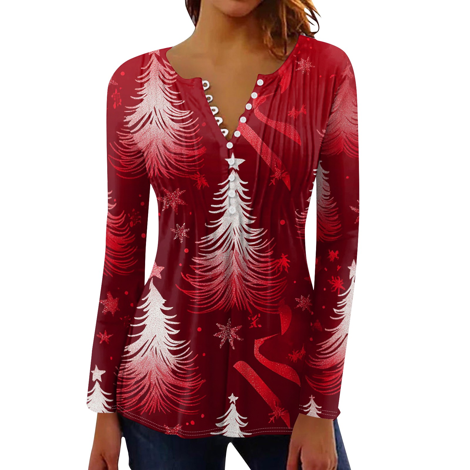 Christmas Shirts for Women Trendy Henley Button Up TShirts Long Sleeve