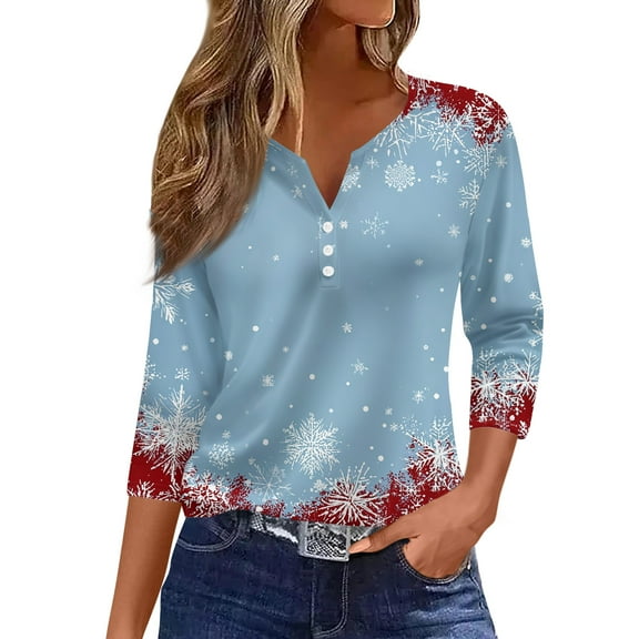 Christmas Shirts for Women Trendy V Neck Shirts for Women 3/4 Length Sleeve Xmas Tree Snowflake Print Henley Shirts Dressy Casual Blouse Y2k Tops Quarter Sleeve Tops Tees & Blouses