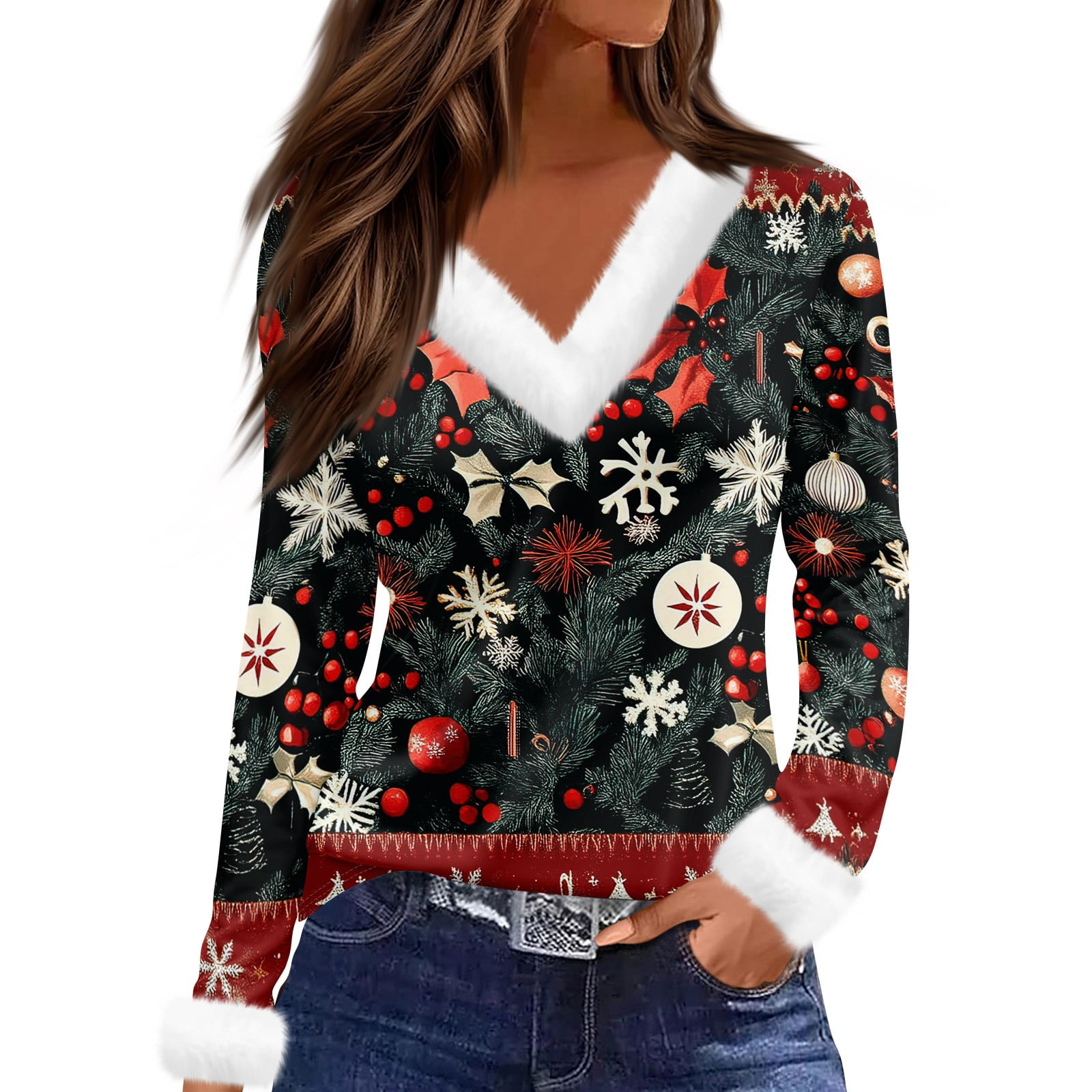 Christmas Shirts for Women Trendy Xmas Snowflake Print TShirts Faux