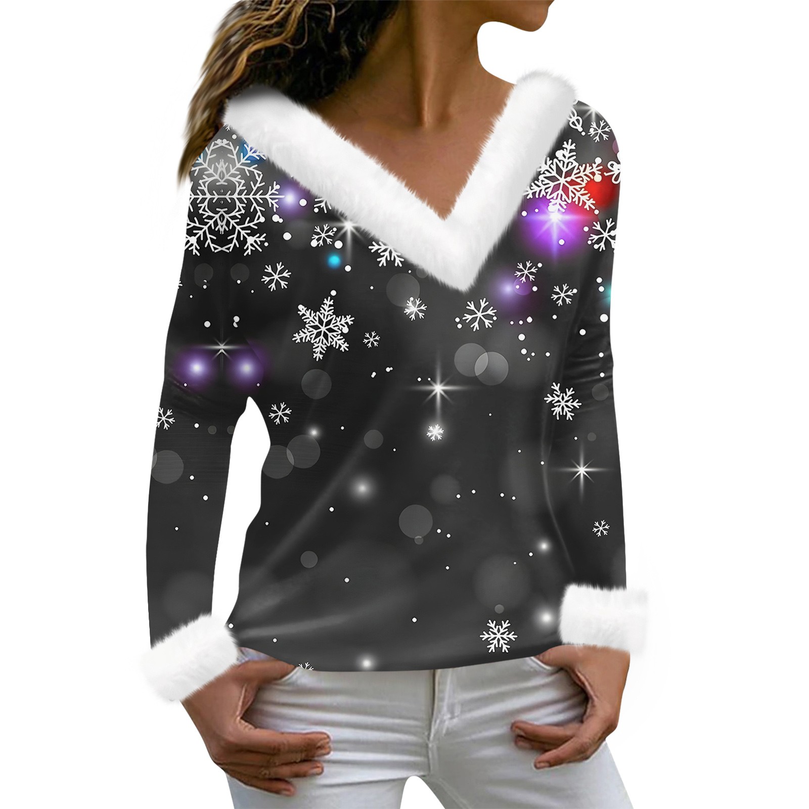 Christmas Shirts for Women Trendy Xmas Snowflake Print TShirts Faux