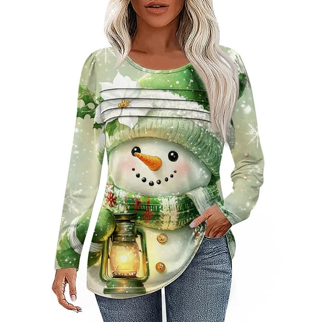 Christmas Shirts for Women Trendy Xmas Snowflake Print Tshirts Long