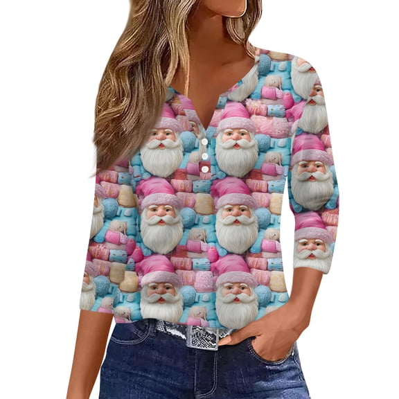 Christmas Shirts for Women V Neck 3/4 Length Sleeve Ladies Tops Henley Xmas Tree Snowflake Print T Shirts Dressy Casual Blouse Y2k Tops Half Sleeve Graphic Tee