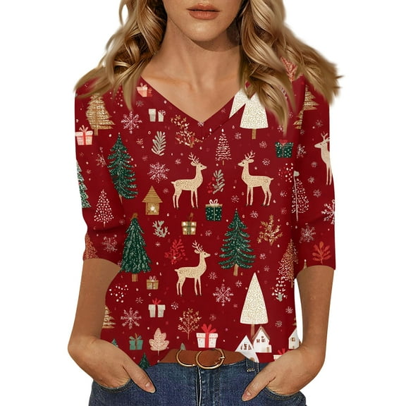Christmas Shirts for Women V Neck Womens T Shirts Loose Fit 3/4 Sleeve Xmas Tree Snowflake Print Graphic T Shirts Dressy Casual Blouse Y2k Tops Half Sleeve Graphic Tee