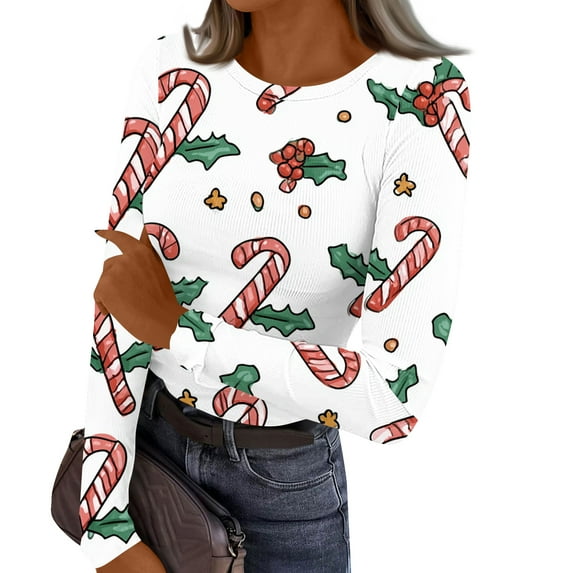 Christmas Shirts Womens 2025 Fall Clothes Long Sleeve Shirts Ribbed Knit Fitted Tops Fashion Outfits