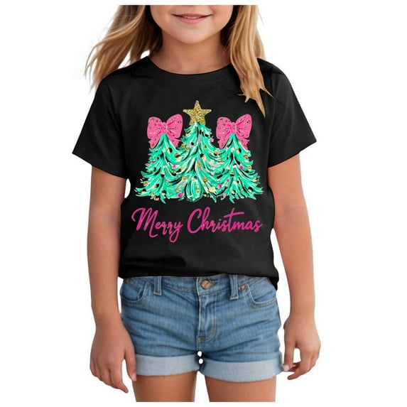 Christmas Shirts for Girls Christmas Shirts Girl Cotton Short Sleeve Tshirts Santa Xmas Tree Bow Graphic Tees 2-12 Years