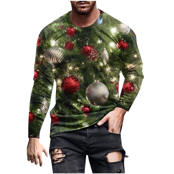 Christmas Shirts for Men 2024 Long Sleeve Christmas Colorful Graphic Print Pullover T-Shirt Top Christmas Festival Long Sleeve Crew Neck Blouses Tops