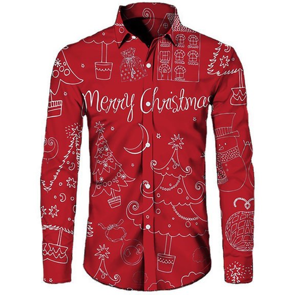 Christmas Shirts for Men Funny Long Sleeve Button Down Graphic Tops Slim Fit Lapel Holiday Festive Family Xmas Party T-Shirts C L
