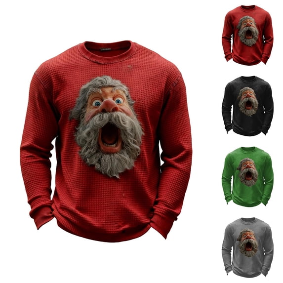 Christmas Shirts for Men Long Sleeve Casual Crewneck Funny Santa Claus Graphic Waffle Shirt Xmas Holiday Shirt