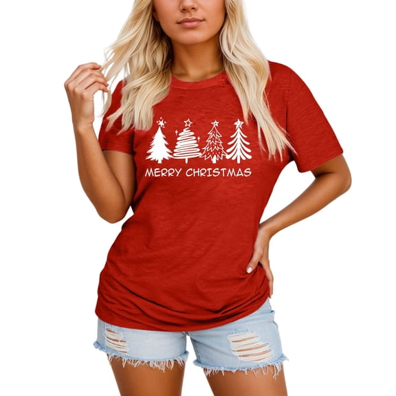 Christmas Shirts for Women 2025 Funny Xmas Tree Graphic Short Sleeve Crewneck Tops Holiday Causal Vacation Basic Tees