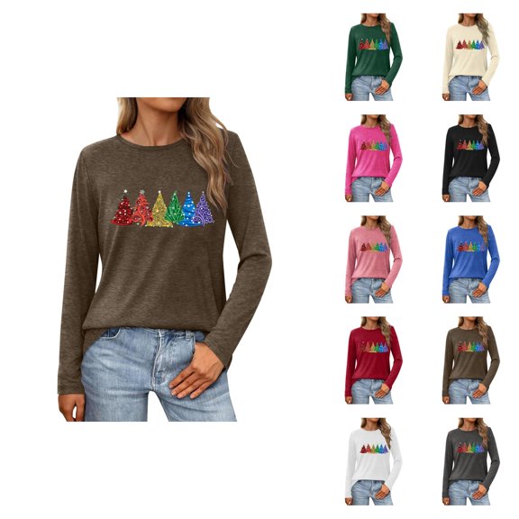 Christmas Shirts for Women 2025 Long Sleeve Crewneck Christmas Tree Graphic Tees Tshirt Blouse Tops