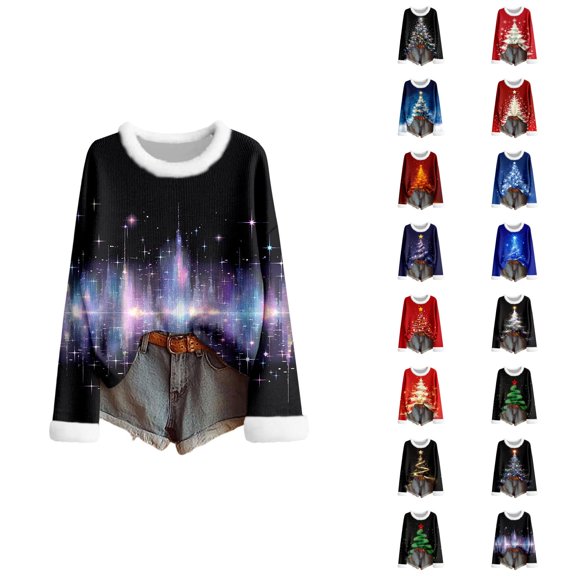 Christmas Shirts for Women 2025 Long Sleeve Crewneck Trim Festive Graphic Tshirt Shirt Blouse Tops