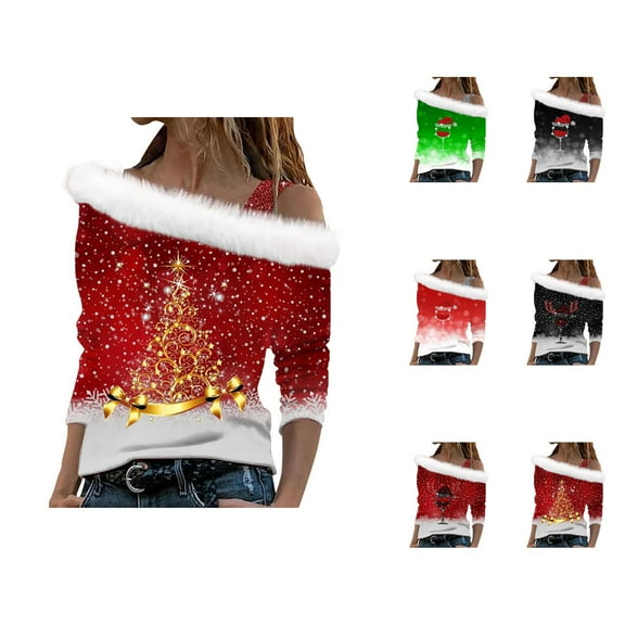 Christmas Shirts for Women 2025 Long Sleeve Off Shoulder Fur Trim Holiday Graphic Tees Blouse Tops