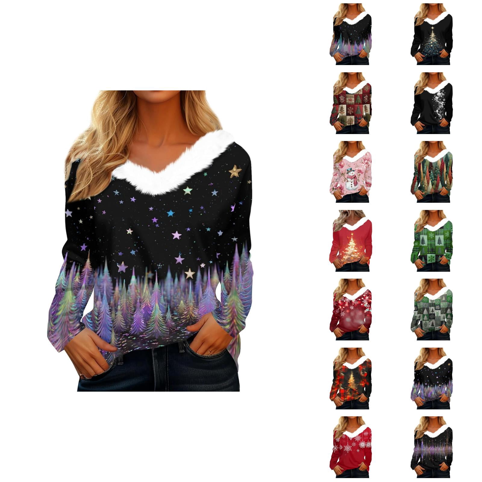 Christmas Shirts for Women 2025 Long Sleeve V Neck Trim Festive Graphic — free download