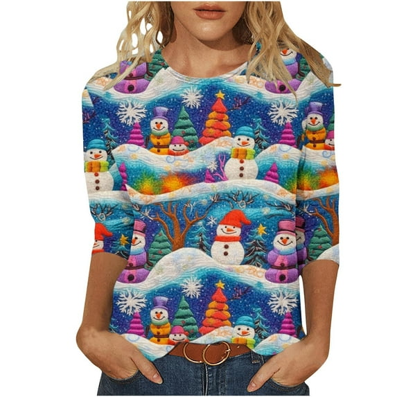 Christmas Shirts for Women 2025 Sparkling Christmas Tree Top Plus Size 3/4 Sleeve Tops for Women Round Neck Casual T Shirt Holiday Party Outfits