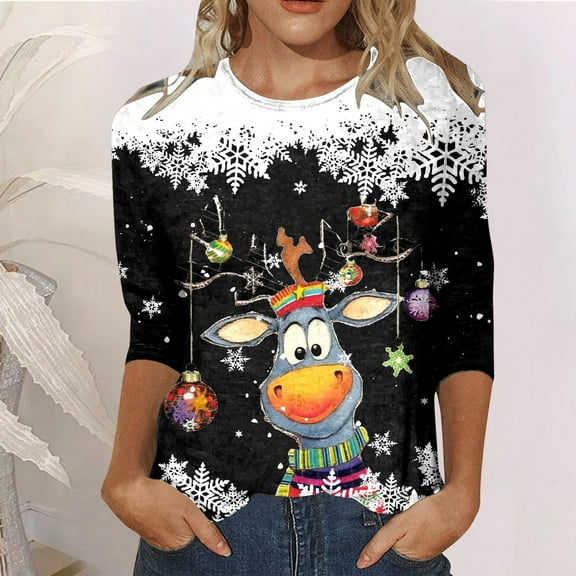 Christmas Shirts for Women 3/4 Length Sleeve Funny Xmas Tree Reindeer Graphic Tshirts (Black XXXXXXS)