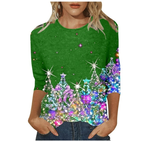 Christmas Shirts for Women 3/4 Length Sleeve Tops Christmas Tree Sequin Print Fashion Crewneck Holiday Graphic Tees Blouses
