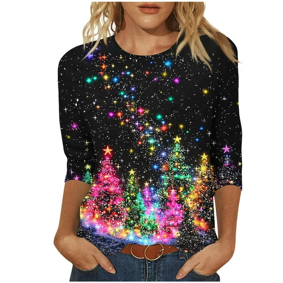 Christmas Shirts for Women 3/4 Length Sleeve Tshirts Xmas Print Plus Size Graphic Tees Holiday Pullover Tops (S, Black)