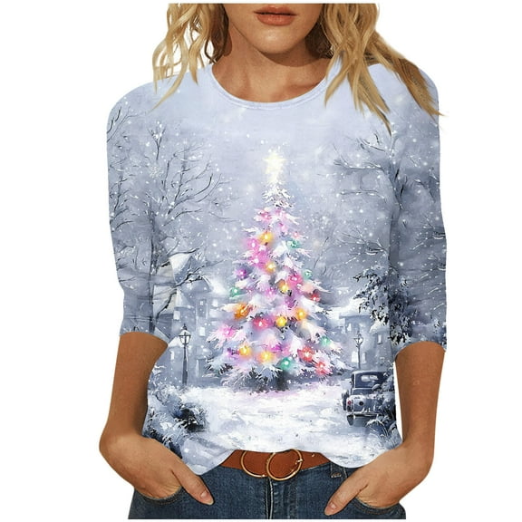 Christmas Shirts for Women 3/4 Length Sleeve Tshirts Xmas Print Plus Size Graphic Tees Holiday Pullover Tops (XL, Gray)
