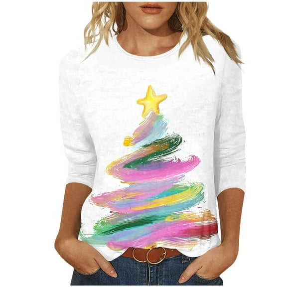 Christmas Shirts for Women 3/4 Length Sleeve Tshirts Xmas Print Plus Size Graphic Tees Holiday Pullover Tops (XL, White)