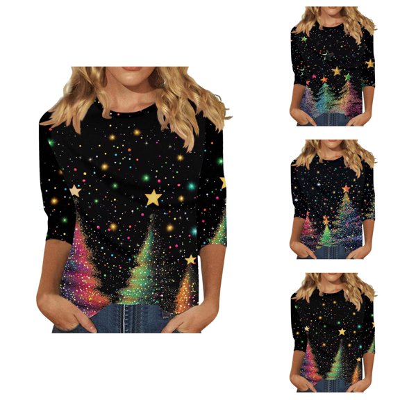 Christmas Shirts for Women 3/4 Sleeve Crewneck Casual Festive Starry Night and Xmas Tree Print Christmas Blouse Holiday Tops