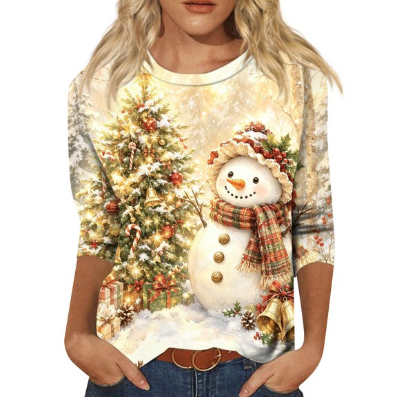 Christmas Shirts for Women 3/4 Sleeve Plus Size Snowman Graphic Tops Holiday Casual Crew Neck T-Shirts Dressy Stretchy Tunic Tops Khaki,L
