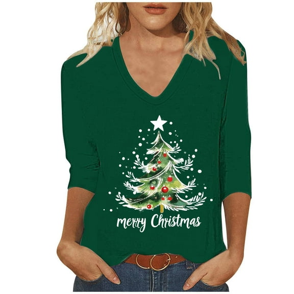 Christmas Shirts for Women 3/4 Sleeve V Neck Loose Tshirts Xmas Graphic Printed Festive Tees Holiday Tops (2XL, Green)