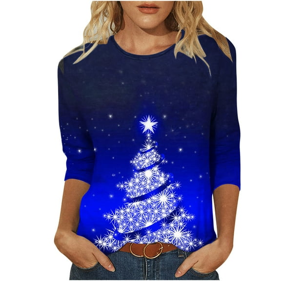 Christmas Shirts for Women 3/4 Sleeve Womens Plus Size Tops Casual Loose Blouses Trendy Graphic Tees Fashion Clothes