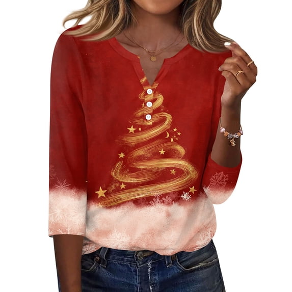 Christmas Shirts for Women Casual - Christmas Graphic Tees Ladies Loose Fit V Neck Tshirts 3/4 Sleeve Tops for Women Trendy